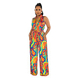 Summer New Ethnic Style Sleeveless Positioning Printed Wide Leg Jumpsuit