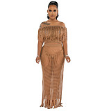 New Off Shoulder Woven Top And Skirt Split Beach Sexy 2 Piece Set