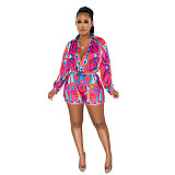Trapical Position Printing Casual Women Long Sleeve Romper Short Jumpsuit