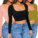 Summer New Square Collar Wave Stripe Stretchy Slim Long Sleeve Crop Top