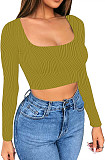 Summer New Square Collar Wave Stripe Stretchy Slim Long Sleeve Crop Top