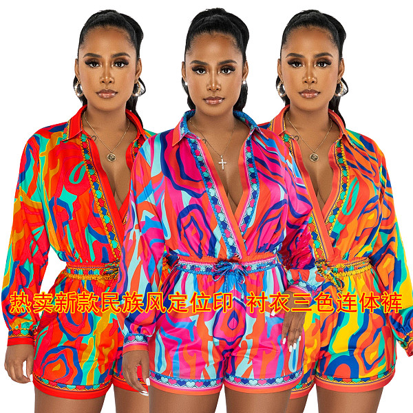 Trapical Position Printing Casual Women Long Sleeve Romper Short Jumpsuit