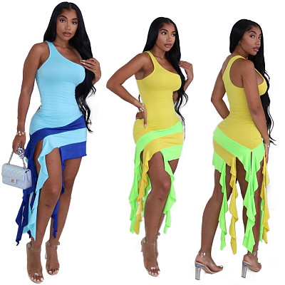 Women'S Summer Patchwork Tassel Sloping Shoulder Dress