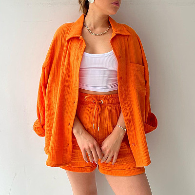 Long Sleeved Shirt And High Waisted Shorts Casual Two-Piece Set