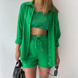 Long Sleeved Shirt And High Waisted Shorts Casual Two-Piece Set
