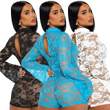 Floral Lace Elastic Long Sleeved Sexy Jumpsuit Shorts