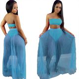 Pleated mesh perspective sexy chest wrap two-piece set