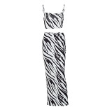 Zebra Print Strap Top Casual Mid Length Skirt Set