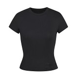 Short Sleeved Elastic Slim Fitting Thread Pure Cotton Round Neck Top