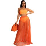 Pleated mesh perspective sexy chest wrap two-piece set
