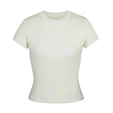 Short Sleeved Elastic Slim Fitting Thread Pure Cotton Round Neck Top