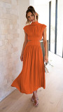 Fashionable Street Stand Collar Solid Color Open Waist Long Dress