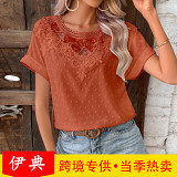 Women'S Lace Short Sleeved T-Shirt Loose Versatile Top