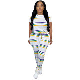 Cotton Striped Printed Short Sleeved Pants Two-Piece Set