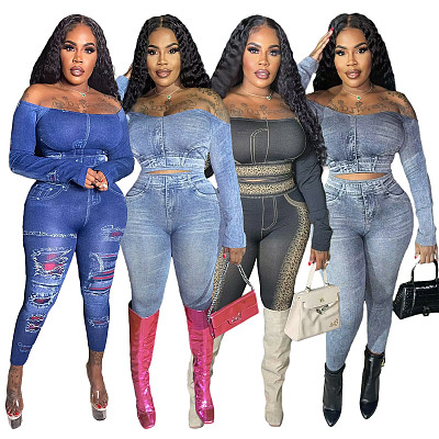 Women'S Imitation Denim Printed Fashion Two-Piece Set