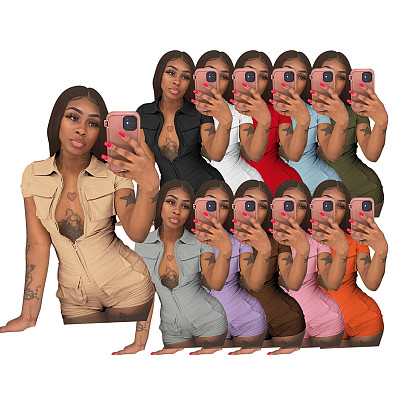 New Zipper Pocket Solid Color Work Suit Jumpsuit