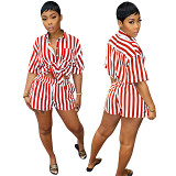 Women'S Stripe Print Set Loose Shirt Shorts Two Piece Set