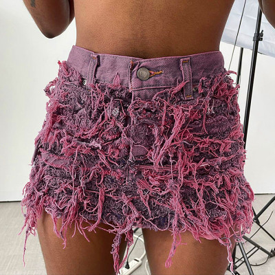 Solid Button Hole Slim Fit Denim Short Skirt