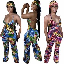 Sleeveless Suspender Printed Long Jumpsuit With Headscarf