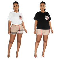 Casual Women'S Checker Splice Short Sleeve Shorts Set