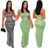 Women Adjustable Shoulder Straps Printed Drawstring Long Dress
