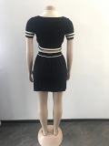 Knitted Elastic Sports Short Sleeved Short Skirt 2-Piece Set