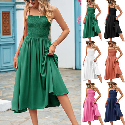 Women'S Sleeveless Pleated Solid Color Suspender Dress