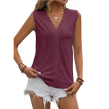 Women'S Solid Color Hole Lace V-Neck Sleeveless Vest