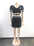Knitted Elastic Sports Short Sleeved Short Skirt 2-Piece Set
