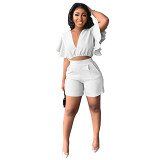 Ruffle Trim Short V-Neck Top And Shorts Two-Piece Set