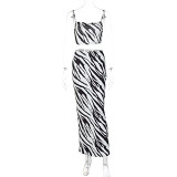 Women'S Zebra Pattern Printed Suspender Top And Hip Skirt Two-Piece Set