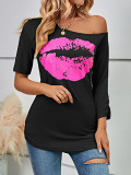 Women'S Printed Lip Strapless Irregular Short-Sleeved T-Shirt