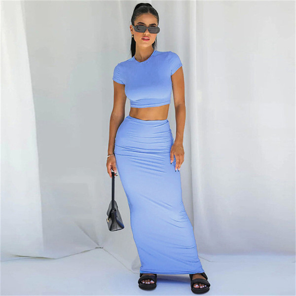 Women'S Solid Color Navel Exposed Short T-Shirt High Waist Bag Hip Skirt Two-Piece Set