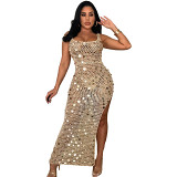 Knitted Casual Hollow Out Sequin Sleeveless Slit Beach Dress