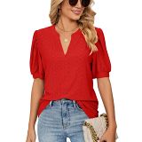 Women'S V-Neck Solid Color Hollow Puff Sleeve Loose T-Shirt