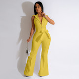 Lapel Micro Bell-Bottoms Overalls Women'S Jumpsuit With Belt