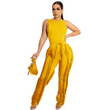 Women'S Solid Color Sleeveless Top Tassel Trousers Two-Piece Set