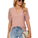 Women'S V-Neck Solid Color Hollow Puff Sleeve Loose T-Shirt