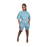 Women'S Letter Print Round Neck Sports Short Sleeve Shorts Two-Piece Set