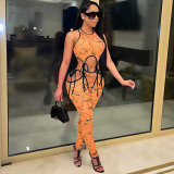 Women'S Sexy Jumpsuit Printed Hollow Lace Tight Bodysuit