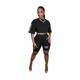 Women'S Letter Print Round Neck Sports Short Sleeve Shorts Two-Piece Set