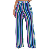 Women'S Color Striped Knitted Hollow Jacquard Fashion Zipper Wide-Leg Pants