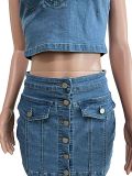 Women'S Washed Denim Tube Top Skirt Suit