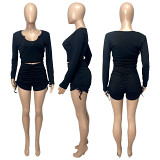 Fashion U-Neck Long Sleeved Shorts Pleated Casual Set