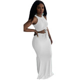 Women'S Two-Piece Solid Color Pit Strip Mopping Pleated Vest Long Skirt