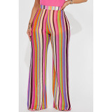 Women'S Color Striped Knitted Hollow Jacquard Fashion Zipper Wide-Leg Pants