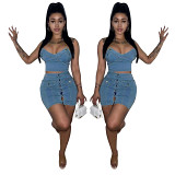Women'S Washed Denim Tube Top Skirt Suit