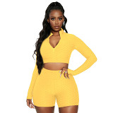 Yoga Clothing Solid Color Long-Sleeve Sports Shorts Two-Piece Set