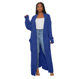 Solid Color Knitted Cardigan Twist Pocket Sweater Long Coat