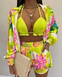 Three-Piece Multi-Color Sexy Print Long-Sleeved Shirt Shorts Vest